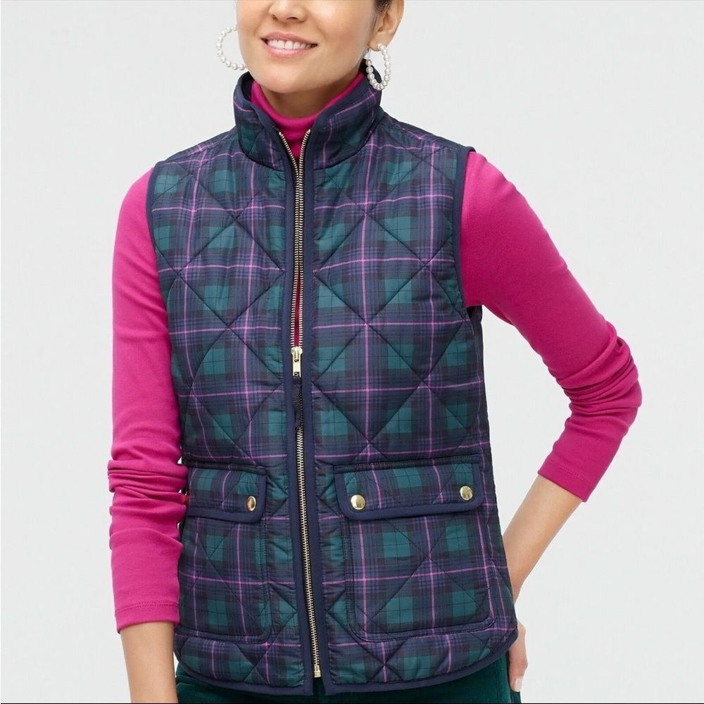 NWT J. Crew Factory Stewart Tartan Plaid Puffer Vest Green/Navy/Pink Size XXS